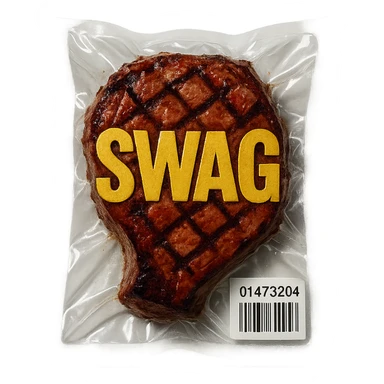grilled steak with bold gold 'SWAG' letters, glossy vacuum-sealed style sticker