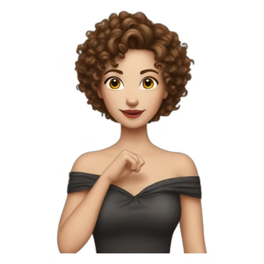 white woman-designer with brown curly hair, wears Off Shoulder Batwing Tank makes heart with her finger sticker