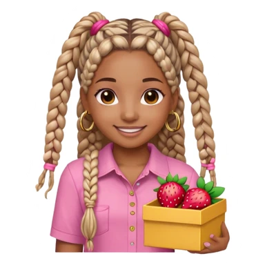 a girl named samaya with light brown, skin box braids, brown eyes, pink shirt, that has a strawberry on it small gold hoop earrings, sticker