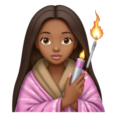 Curvy, light brown long hair, pretty black girl light pink lipgloss wrapped in blanket holding a lighter and blunt sticker