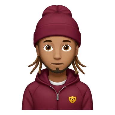 Animate a caramel skinned male with brown dreads and a tan beanie with a burgundy tracksuit on with no beard  sticker