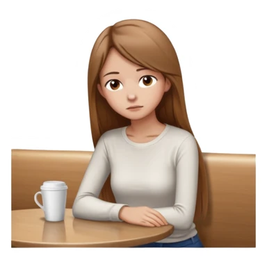 Cartoon emoji of a girl with long, straight light brown hair, fair skin, brown eyes. Wearing a white top and simple pants. Sitting alone at a café table, shoulders slightly hunched, head slightly down, looking unsure and thoughtful sticker