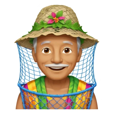 Hawaiian old man with leaf hat and big trash net and colorful cloth sticker