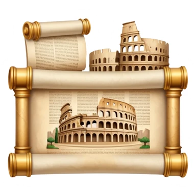 An icon featuring an ancient scroll, surrounded by famous historical landmarks and statues of notable figures, like the Colosseum or Napoleon. The design symbolizes the exploration of history through monuments and people. Transparent background highlights the pas sticker