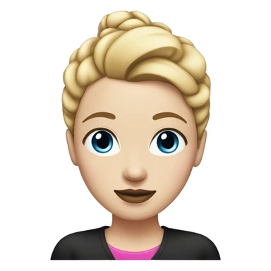 a woman with freckles, blue eyes, light skin, blonde straight hair with a bun, pink lips. black shirt. sticker