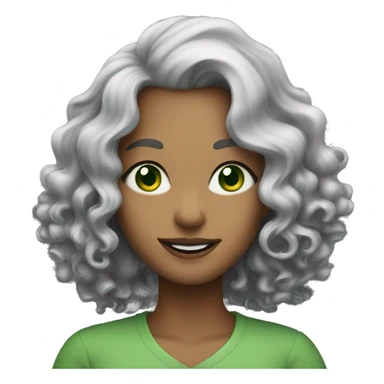 woman green eyes very long, curly grey hair smiling sticker