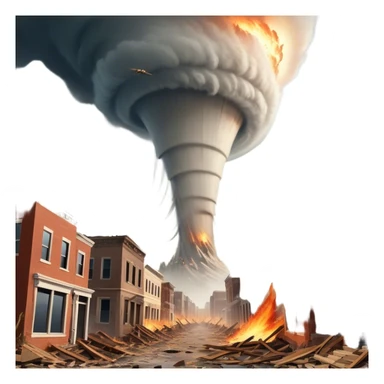 A vintage movie poster-style design with a dramatic scene of a natural disaster like an earthquake, tornado. Include crumbling buildings, flying debris and fiery explosions. The background should be chaotic, with a cinematic, apocalyptic vibe. Transparent background. sticker