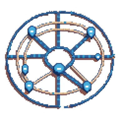 network in a circular form with blue boxes at intersection points sticker