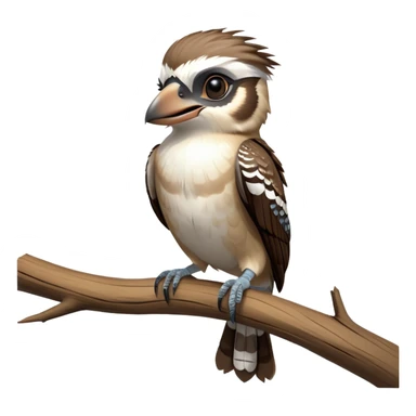 cinematic-kookaburra-realistic-full-body-perched-emoji,-compact-sturdy-frame-balanced-on-a-weathered-branch,-brown-and-white-feathered-wings-folded-neatly,-bold-striped-face-with-a-mischievous-glint-in-its-eye,-massive-sharp-beak-slightly-open-as-if-ready-to-laugh,-simplified-yet-realistic-focused-features,-highly-detailed,-glowing-with-a-warm-golden-light sticker