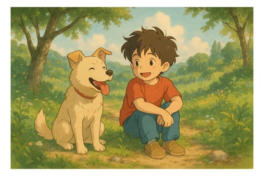 kid and his pet dog in studio ghibili style sticker