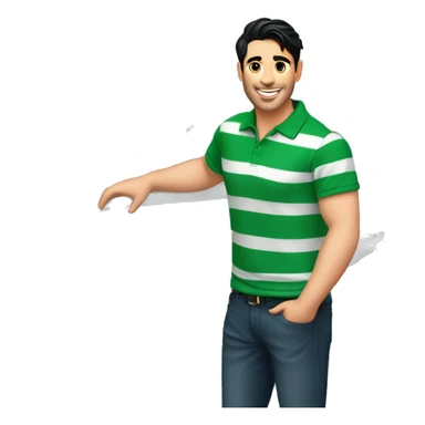 smiling handsome guy with black hair wearing green and white stripped polo tshirt standing near railing of a cruise ship with sea in the background. sticker