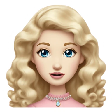 girl blonde hair pale skin blue eyes. Pink lips blush skinny nose siren eyes (model face) (but not too much). Vintage blowout with long hair not curly.  light pink dress, puffed sleeves, dainty choker necklace (think Versailles but not too much).  sticker