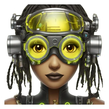 Neon yellow bobbed hair Latina female cyborg head with silver steampunk goggles and circuits sticker