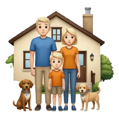 1 Father 1 Mother and 1 young boy who is half as tall as the parents, standing in front of their house with a dog next to them sticker