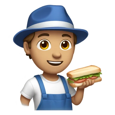 Male with brown hair and blue eyes with white shirt and blue apron with khakis and hat holding a sandwhich sticker