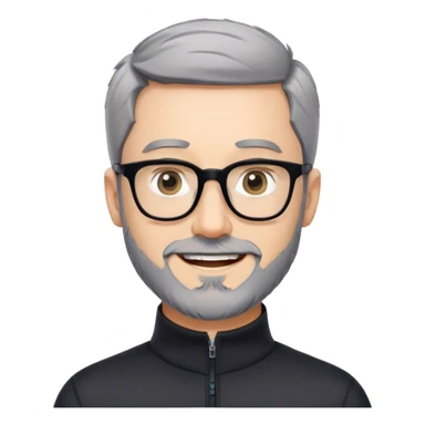 Caucasian man with very short cropped black hair, short beard with noticeable gray hairs, large black eyeglasses, cheerful expression, black athletic long sleeve shirt with quarter zip collar sticker