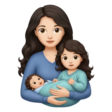 Mother long black wavy  hair  holding 1 infant brown hair fair skin sticker
