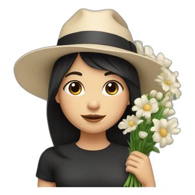 white skin, Girl with a hat, black hair straight to the shoulders, holding a bouquet of flowers sticker