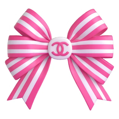 Change the bow to striped pink and white, keep the small white Chanel logo, glossy, elegant, 3D emoji style, with no background sticker