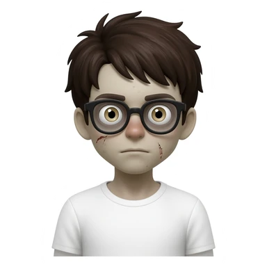 zombie boy with white tshirt and black brownish hair and with black glasses frames on hair is texturized young boy and round face sticker