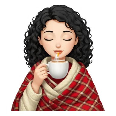 Gözleri kapalı, beyaz tenli ve dalgalı-kıvırcık siyah saçlı saç boyu orta omuzlarının biraz aşağısında bir kadın avatar, battaniyeye sarılmış halde beyaz bir Türk kahvesi fincanından içeceğini huzurla yudumluyor. sticker