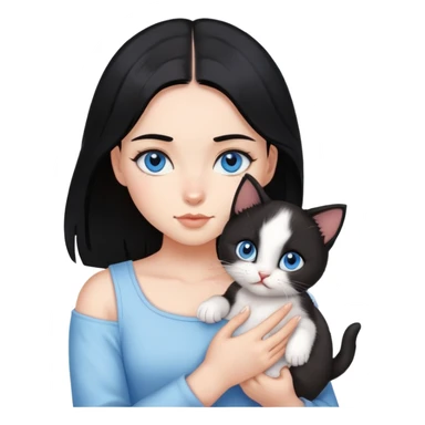 A A girl with black hair and blue eyes is holding a kitten sticker