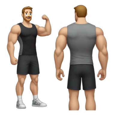Full height realistic Actively gesturing with hands Pale skinned Fit Man With the biceps and brown hair in dark gray Sleeveless Mike, black oversize sports shorts, watch and white Sneakers sticker