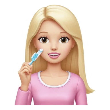 A white Barbie girl with long blonde straight hair in pale pink clothes brushes her teeth sticker