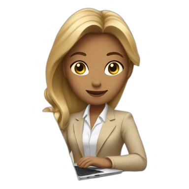 A girl in a beige business suit sits at a laptop sticker