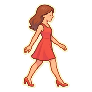 A girl walking from left to right, side view, wearing a red dress and high heels, retro-stickers style, thin clean contours, soft rounded shapes, detailed drawing with shadows and highlights, pastel palette #98B5BC, #B5B3C1, #C9A3C9, #E4C0CA, #F7DCD1, #F7C0AA, modern Japanese pop art, soft lighting, transparent background, no extra decoration, focus on movement and elegance. sticker