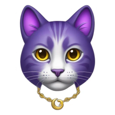 Purple cat with golden crescent moon pendant, dark purple fur on all paws, black eyes and white glowing pupils sticker
