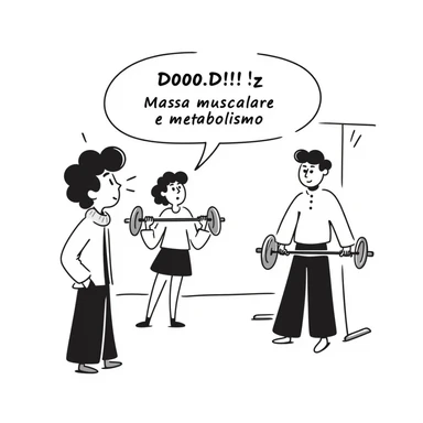 Uomo in palestra che osserva altri uomini più muscolosi, espressione di invidia o frustrazione, testo in italiano: “Massa muscolare e metabolismo”. sticker