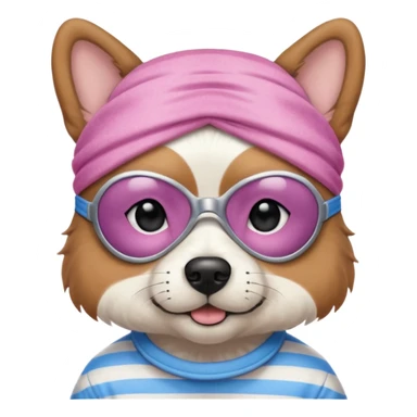 a dog with pink sleep mask and wearing shirt sticker