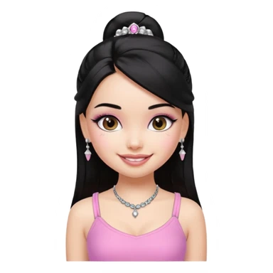 generate a pretty bratz girl with a pink cami top, straight black hair, silver jhumkas on sticker