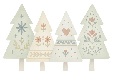 logo style illustration of evergreen trees blending Scandinavian and Slavic folk motifs, neutral color tones, watercolor texture sticker