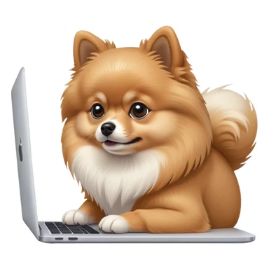 A cute Pomeranian dog working on a MacBook, side view, focused expression sticker