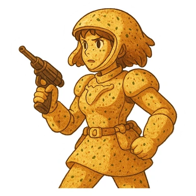 A female space warrior from a distant planet, except it’s garlic bread  sticker