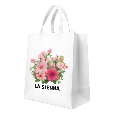 White shopping bag with La Sienna written on the side in text with picture of flower and inside bag has floral pink clothes in it  sticker