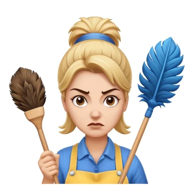 evil cleaning lady, angry face, holding a feather duster, simple background sticker