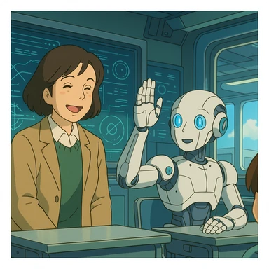 A human teacher smiling as an android student raises its hand to ask a question in a high-tech classroom sticker