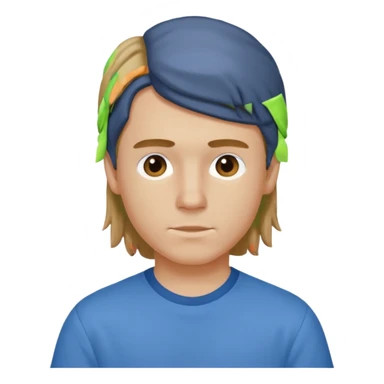 boy with dark blonde hair in a mullet with a neat blue shirt sticker