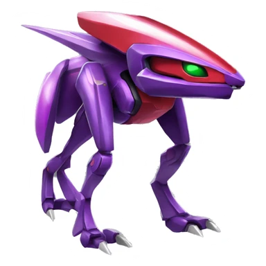 a shiny purple-green-red Genesect-Raptor-Fakémon—hybrid with a futuristic visor-helmet full body sticker