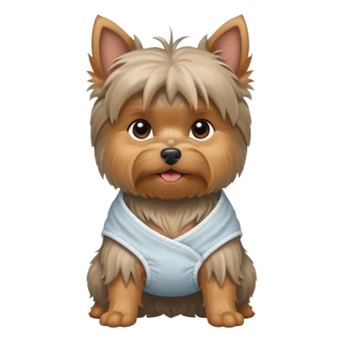 Small old yorkie wearing a diaper sticker