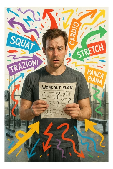 a person stands in the center of a gym, surrounded by arrows pointing in all directions, each labeled with a different exercise (e.g., “squat,” “Salti,” “stretch,” “Panca Piana”). The person looks bewildered, holding a workout plan with scribbles and question marks. The scene is colorful but visually messy, symbolizing confusion. in italiano immagine iperrealistica sticker