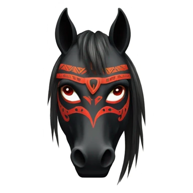 Black mask of a smiling horse with red eyes in front with a tribal style sticker
