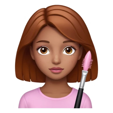 Pretty girl with caramel skin brown hair brown eyes and freckles. Wearing light pink lipgloss and mascara  sticker