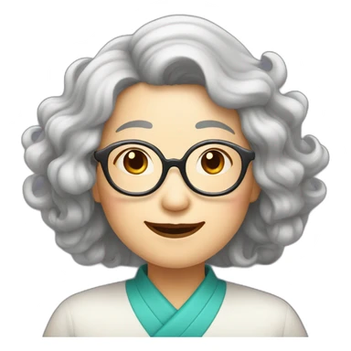 Chinese senior lady with wavy long hair wear  glasses show thank you signs sticker