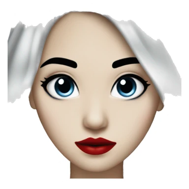 long black blue hair, red lipstick, black eyes, white skin and a small nose sticker