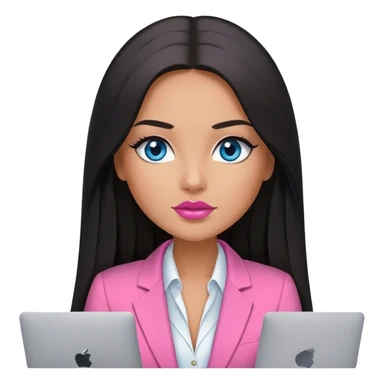 Glamours tanned very beautiful girl with very pump nude lips and black straight smooth long hair, blue eyes and pink blazer vest with MacBook  sticker
