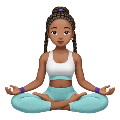 A Black woman with box braids sitting in a cross-legged meditation pose, eyes closed, hands resting on her knees, wearing a comfortable yoga outfit (sports bra & leggings or a loose top). sticker
